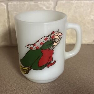 NORWEGIAN KITCHEN WITCH COFFEE CUP MUG ANCHOR HOCKING WHITE MILK GLASS